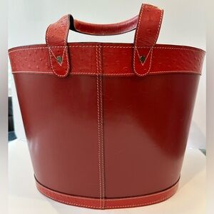 Red Leather Oval Storage Basket with Handles